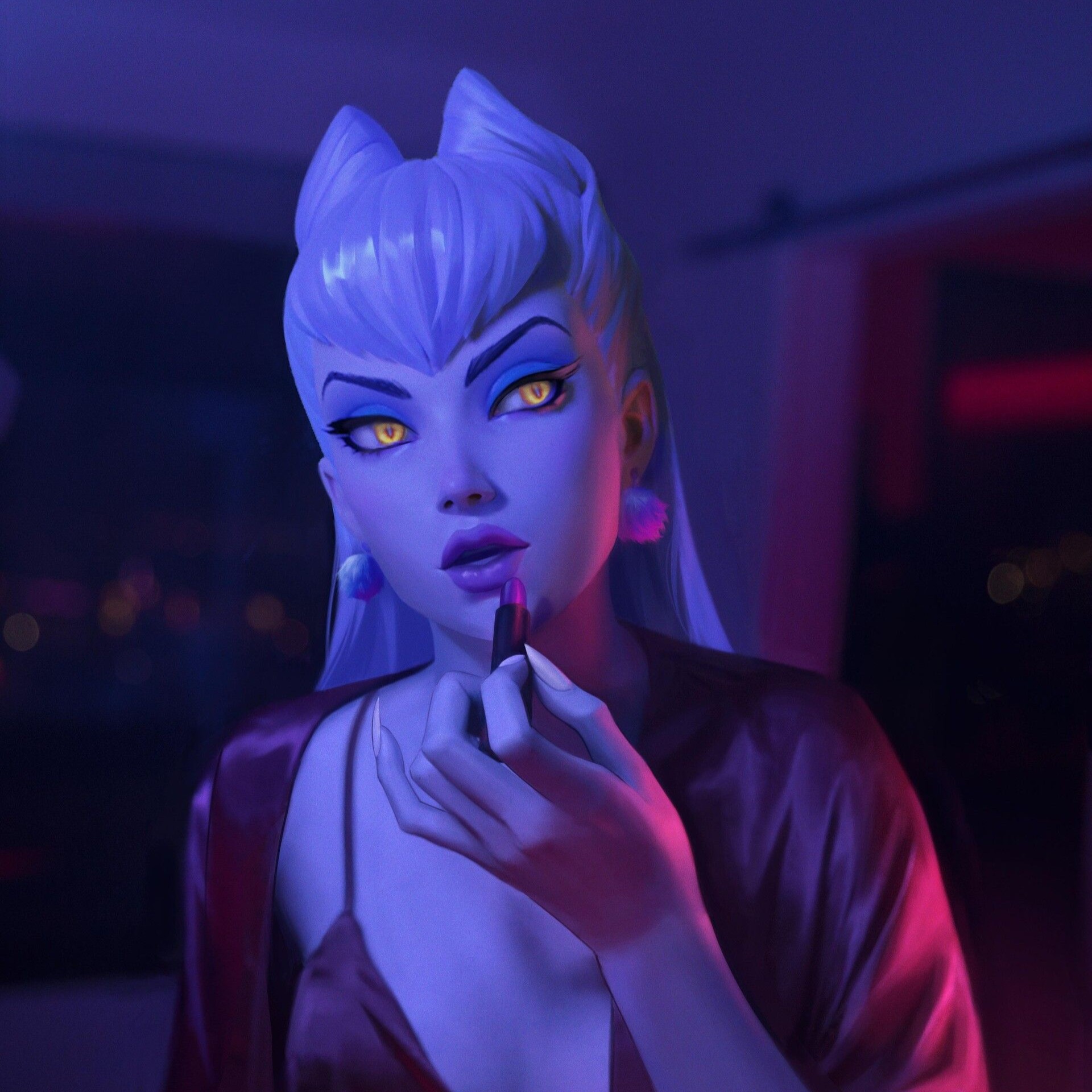 Evelynn appliquand du lipstick